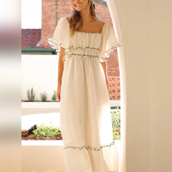 Flutter Sleeve Ruffled Empire Waist Square Neck Contrast Trim Tiered Maxi Dress - Picture 7 of 14